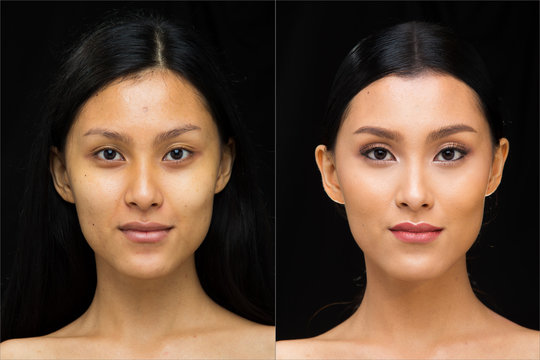 Asian before after applying make up hair style. no retouch, fresh face with acne, lips, eyes, cheek, nice smooth skin. Studio lighting for aesthetics therapy treatment Stock-foto | Adobe
