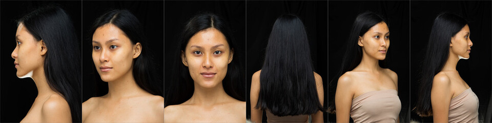 Asian Woman before applying make up hair style. no retouch, fresh face with acne, lips, eyes,...