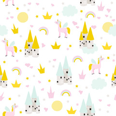 Sewing fabric with Seamless pattern with unicorn and princess castle ...