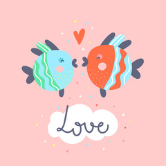 Two fishes kissing couple cute vector illustration. Romantic doodle card concept with lettering