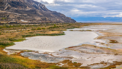 Mountain and grassy shore at the Great Salt Lake