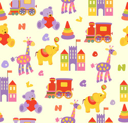 Naklejka premium Seamless baby pattern with cute animals and toys . Vector bright illustration for kids. Seamless childrens background for wallpapers or textile.