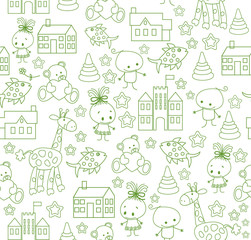 Seamless baby pattern with cute animals and toys . Vector bright illustration for kids. Seamless childrens background for wallpapers or textile.