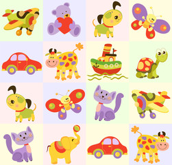 Obraz premium Seamless baby pattern with cute animals and toys . Vector bright illustration for kids. Seamless childrens background for wallpapers or textile.