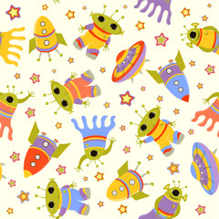 Naklejka na ściany i meble Seamless baby pattern with cute aliens in space. Vector bright cosmic illustration for kids. Seamless childrens background for wallpapers or textile.