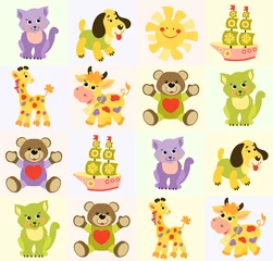 Deurstickers Schattige dieren set Naadloos babypatroon met schattige dieren en speelgoed. Heldere vectorillustratie voor kinderen. Naadloze kinder achtergrond voor wallpapers of textiel.