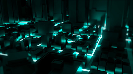 Neon glowing city rendering. 3D Rendering.