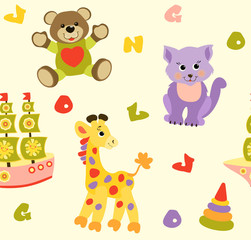Obraz na płótnie Canvas Seamless baby pattern with cute animals and toys . Vector bright illustration for kids. Seamless childrens background for wallpapers or textile.