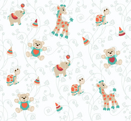 Seamless baby pattern with cute animals and toys . Vector bright illustration for kids. Seamless childrens background for wallpapers or textile.