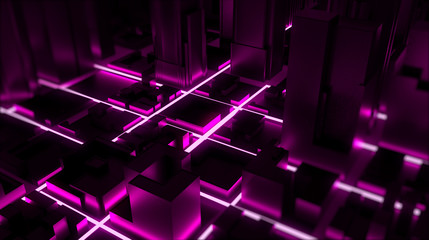 Neon glowing city rendering. 3D Rendering.