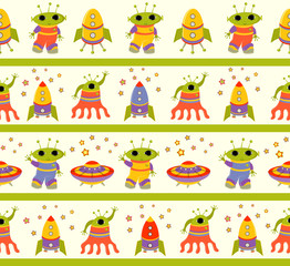 Obraz premium Seamless baby pattern with cute aliens in space. Vector bright cosmic illustration for kids. Seamless childrens background for wallpapers or textile.
