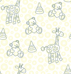 Fototapeta premium Seamless baby pattern with cute animals and toys . Vector bright illustration for kids. Seamless childrens background for wallpapers or textile.