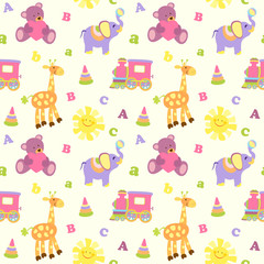 Seamless baby pattern with cute animals and toys . Vector bright illustration for kids. Seamless childrens background for wallpapers or textile.