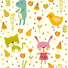 Foto op Canvas Seamless baby pattern with cute animals and toys . Vector bright illustration for kids. Seamless childrens background for wallpapers or textile. © Alena