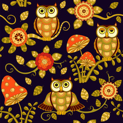 Seamless baby pattern with cute owls ahd flowers in magic forest. Vector bright illustration for kids. Seamless childrens background for wallpapers or textile.