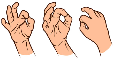 Cartoon graphic white human hands. Showing okay gesture or sign. Isolated on white background. Vector icons set.