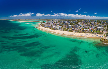Fototapeta premium Aerial drone panoramic image of ocean waves on a Kings beach, Caloundra, Queensland, Australia