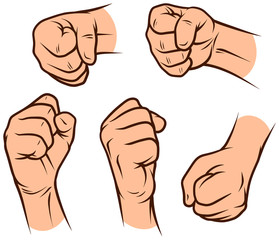 Cartoon graphic white human hands. Showing knuckle gesture or sign. Isolated on white background. Vector icons set.