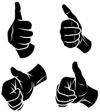 Cartoon graphic black silhouette human hands. Showing thumbs up, like gesture or sign. Isolated on white background. Vector icons set.