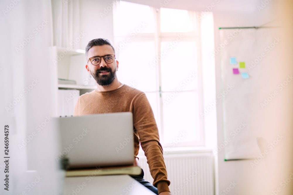 Wall mural Mature hipster businessman with laptop working in a modern office.