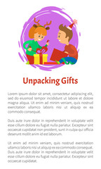 Unpacking gifts vector poster with text sample. Christmas holidays, children opening presents. Girl wearing reindeer horns accessories, packages and bows