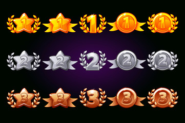 Golden, silver and bronze rewards icons set. 1st, 2nd, 3rd place different variation. Laurel wreath of victory and gold star or game, ui, banner, app, interface, slots, game development