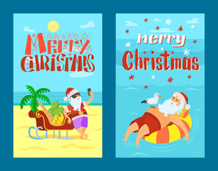 Merry Christmas, Santa Claus on lifebuoy, seagull. Vector cartoon character and sleigh full of bananas and grapes, celebrating New Year in tropical country flat style