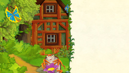 cartoon scene with older wooden house in the forest and beautiful young woman and dumbledore - with space for text - illustration for children