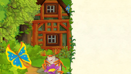 cartoon scene with older wooden house in the forest and beautiful butterfly and dumbledore - with space for text - illustration for children