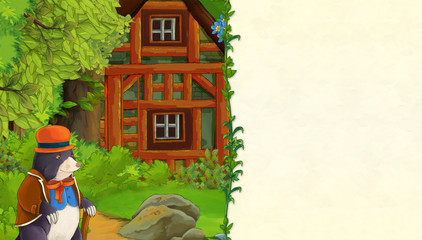 cartoon scene with wooden house in the forest - with space for text - illustration for children