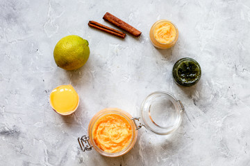 organic citrus scrub homemade on gray background top view