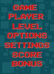 Red pixel retro different texts for video games web design. Player, level, options, settings, score, bonus. Navigation buttons. On gray background with square. Vector icons set.