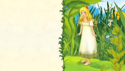 cartoon scene with beautiful woman on the meadow - with space for text - illustration for children