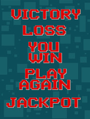Red pixel retro different texts for video games web design. Victory, loss, win, again, jackpot. Navigation buttons. On gray background with square. Vector icons set.