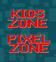 Red pixel retro different texts for video games web design. Kids zone. Navigation buttons. On gray background with square. Vector icons set.