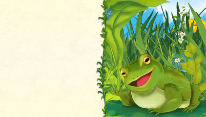 cartoon scene with frog on the meadow - with space for text - illustration for children