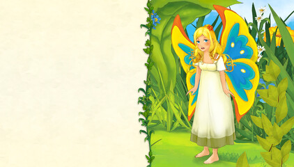 cartoon scene with butterfly princess on the meadow - with space for text - illustration for children