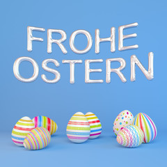 Frohe Ostern - 8 farbenfrohe, bemalte Ostereier auf blauen Hintergrund - Folienballons - Oster