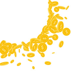 American dollar coins falling. Scattered floating 