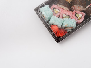 Sushi in disposable tableware. fast healthy food