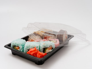 Sushi in disposable tableware. fast healthy food