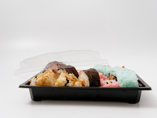 Sushi in disposable tableware. fast healthy food