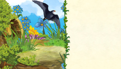 cartoon scene on the meadow with flying cuckoo bird - with space for text - illustration for children