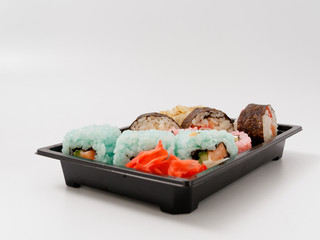 Sushi in disposable tableware. fast healthy food