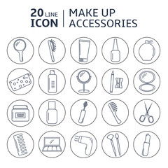 Vector icon set of make up accessories. Cosmetic accessories line art set