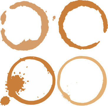 Coffe stains and splashes, dirty brown cup rings vector set. Splash ring form coffee mug, circle stain dirty mark illustration