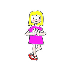 vector illustration little girl in pink dress with blond hair, bright vector sketch isolated on white background