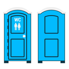 Mobile toilet.  Blue plastic outside water closet with WC sign