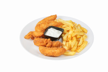 French fries with chicken and souce on a white plate