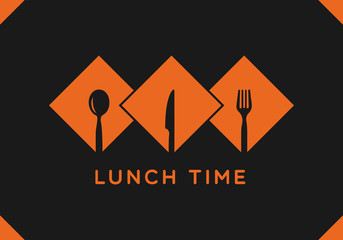 Lunch time with cutlery sign over black background. vector icons.